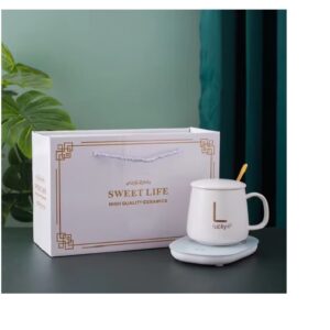 Set cana ceramica cu incalzire, USB, scris auriu Lucky, 350 ml, alba