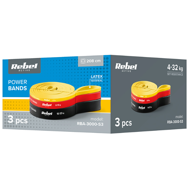 SET 3 BENZI ELASTICE LATEX POWER BAND 4-32KG REBELACTIV