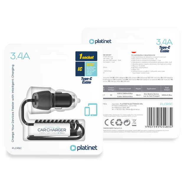 INCARCATOR AUTO CABLU SPIRALAT 3.4A TYPE C