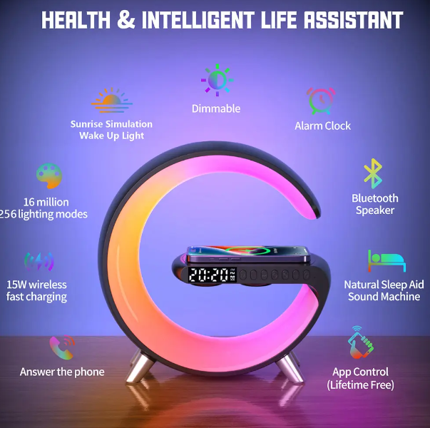 Lampa multifunctionala cu incarcare wireless, ceas, alarma si boxa bluetooth Alb