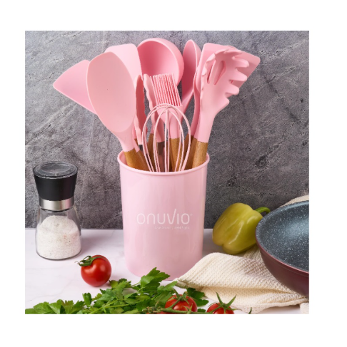 Set ustensile de bucatarie 12 piese, silicon cu maner din lemn, rezistente la temperaturi inalte, roz