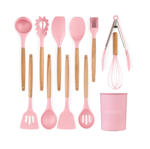 Set ustensile de bucatarie 12 piese, silicon cu maner din lemn, rezistente la temperaturi inalte, roz