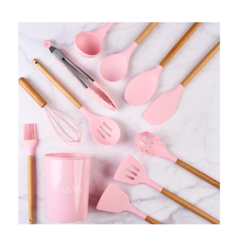 Set ustensile de bucatarie 12 piese, silicon cu maner din lemn, rezistente la temperaturi inalte, roz