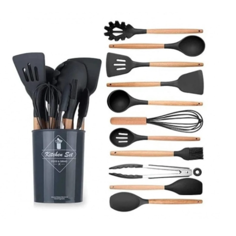 Set ustensile de bucatarie 12 piese, silicon cu maner din lemn, rezistente la temperaturi inalte, negru,