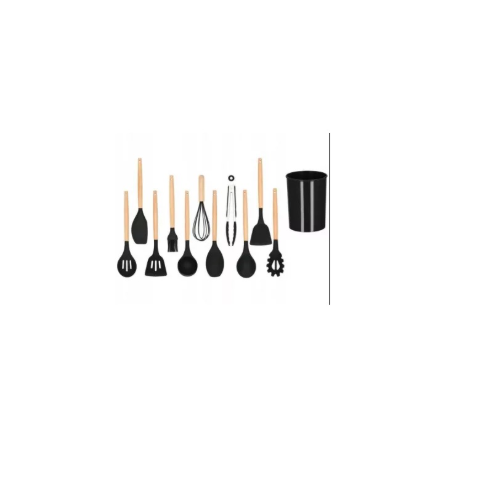 Set ustensile de bucatarie 12 piese, silicon cu maner din lemn, rezistente la temperaturi inalte, negru,