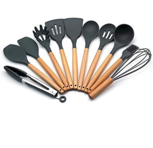Set ustensile de bucatarie 12 piese, silicon cu maner din lemn, rezistente la temperaturi inalte, negru,