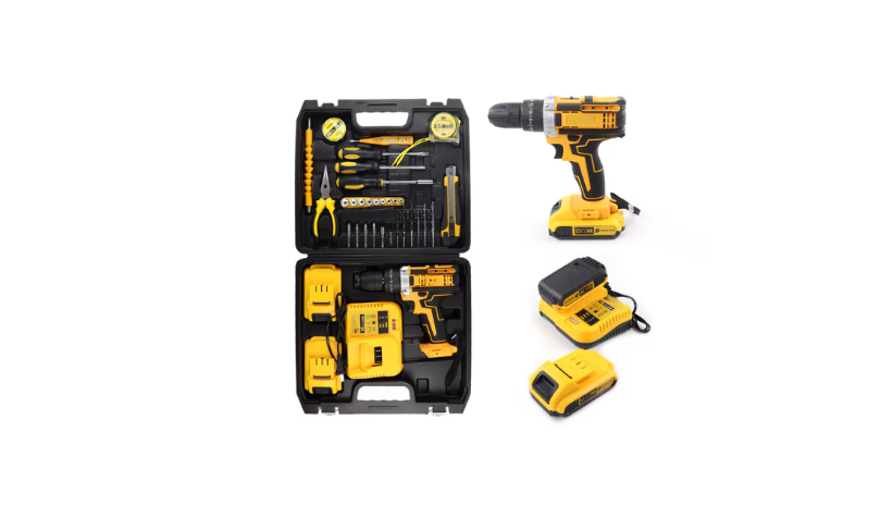 Trusa Bormasina cu Percutie, Autofiletanta, Portabila cu 30 Accesorii, 2 Acumulatori 36V, Cutie Transport Inclusa, Negru-Galben
