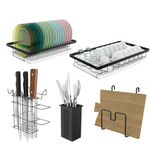 Uscator de vase supraetajat, cu 2 polite din metal, negru