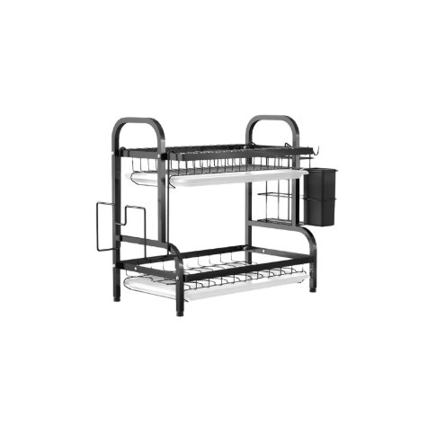 Uscator de vase supraetajat, cu 2 polite din metal, negru