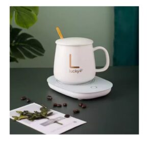 Set cana ceramica cu incalzire, USB, scris auriu Lucky, 350 ml, alba