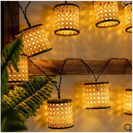 Ghirlanda Solara cu Felinare din Plastic Model Rattan Lumina Alba Calda 3.8cm - 10buc