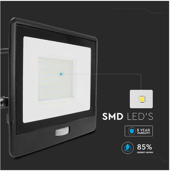 REFLECTOR LED SMD 50W 6400K IP65 CU SENZOR MISCARE - NEGRU