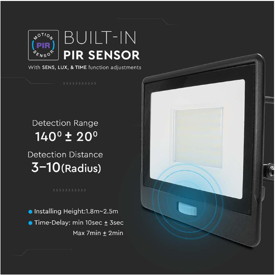 REFLECTOR LED SMD 50W 6400K IP65 CU SENZOR MISCARE - NEGRU