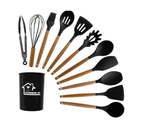 Set ustensile de bucatarie 12 piese, silicon cu maner din lemn, rezistente la temperaturi inalte, negru,